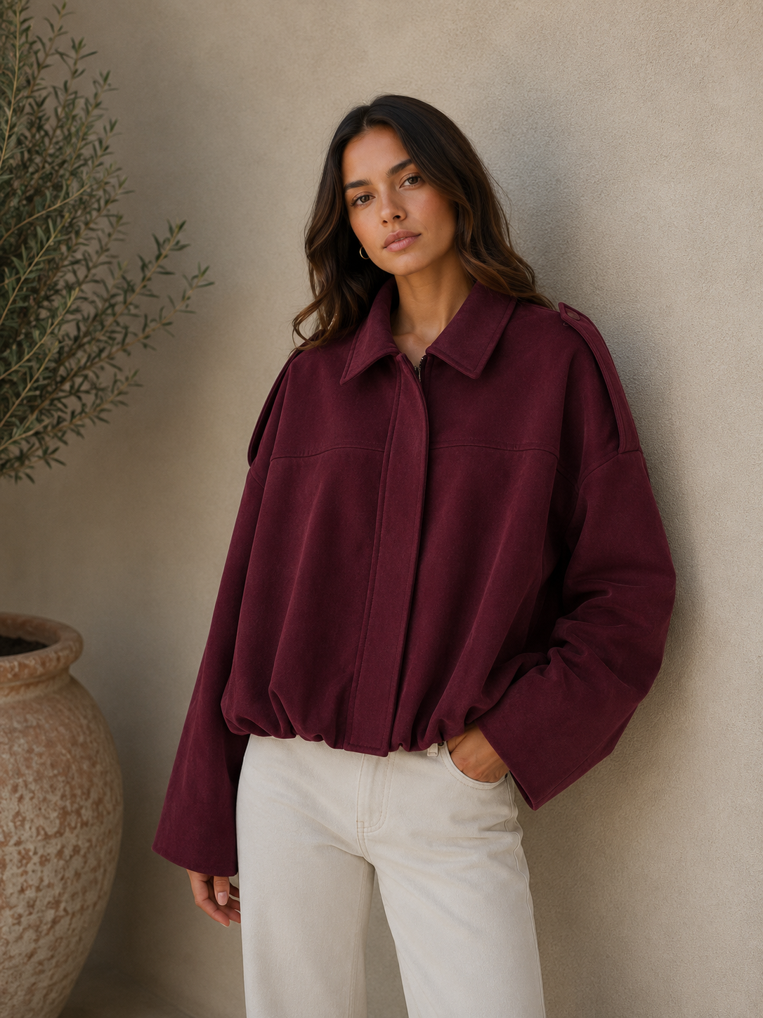 Cropped women's jacket with a minimalist design and voluminous sleeve detail