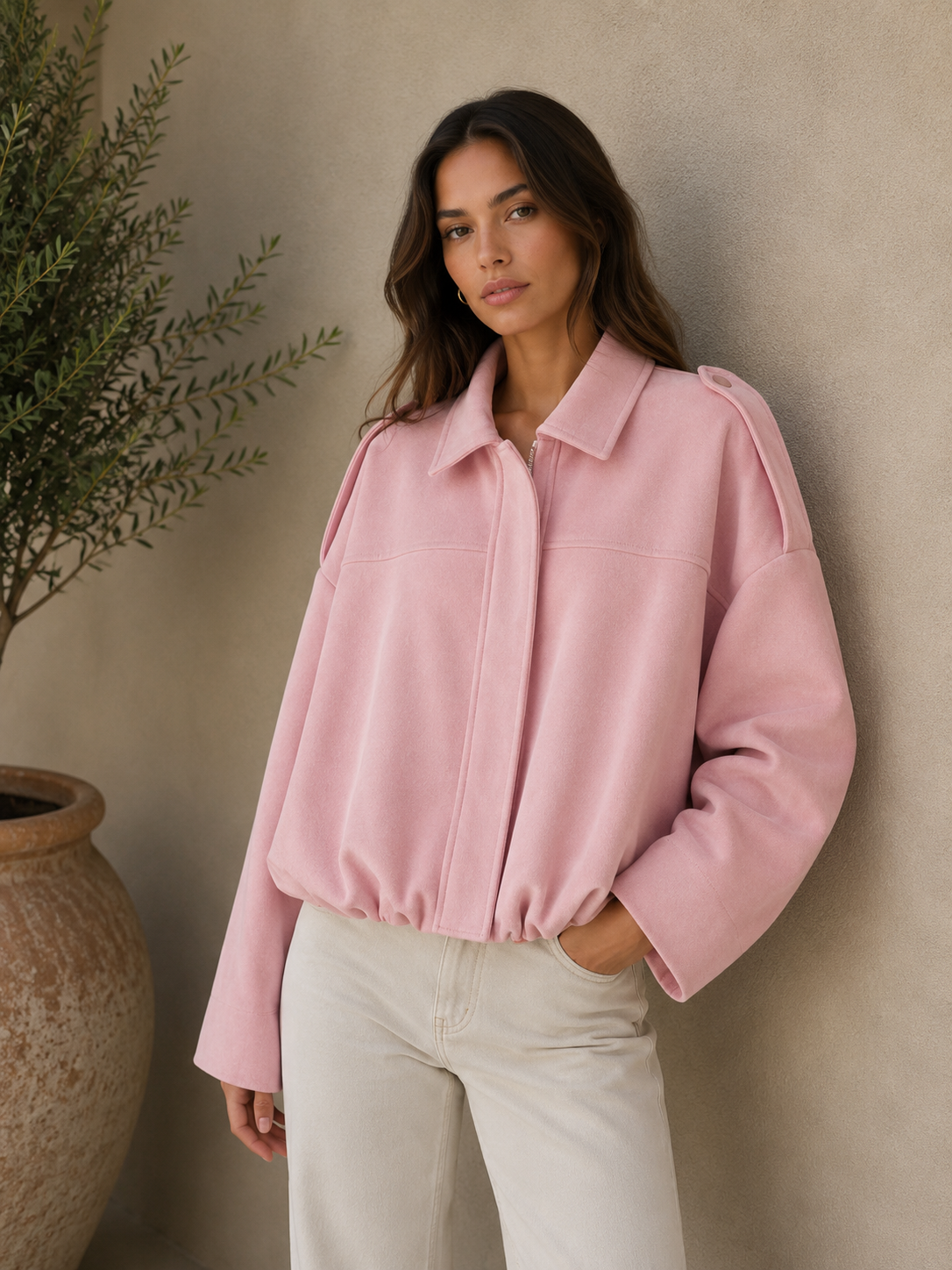 Women's oversized jacket with a cropped silhouette and structured smooth fabric