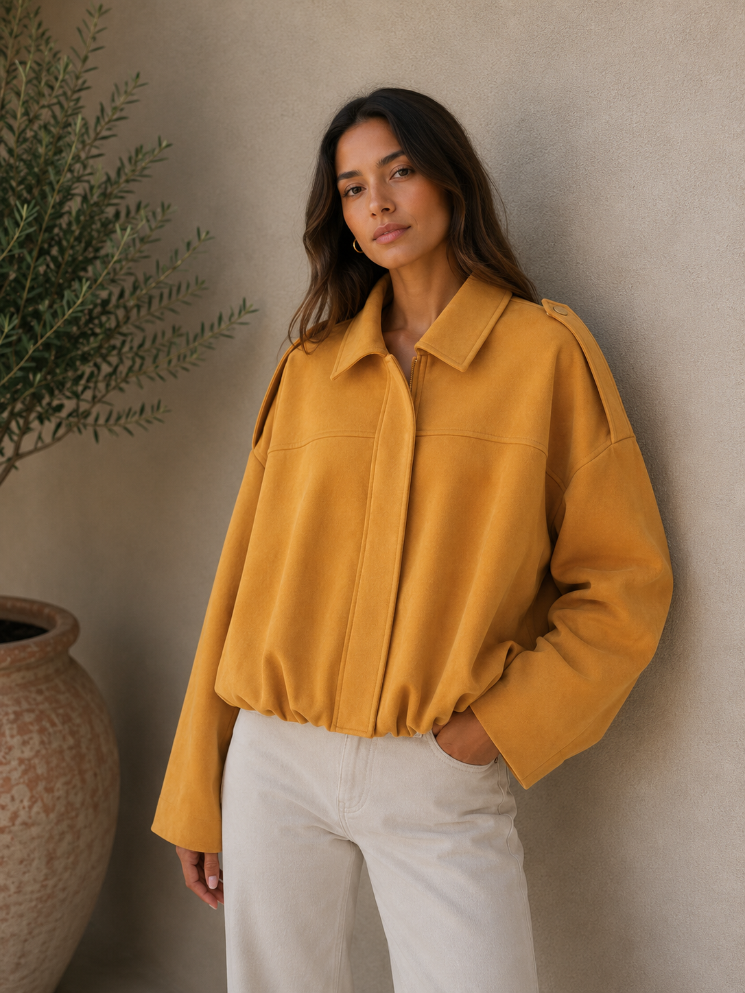 Women's oversized jacket with a cropped silhouette and structured smooth fabric