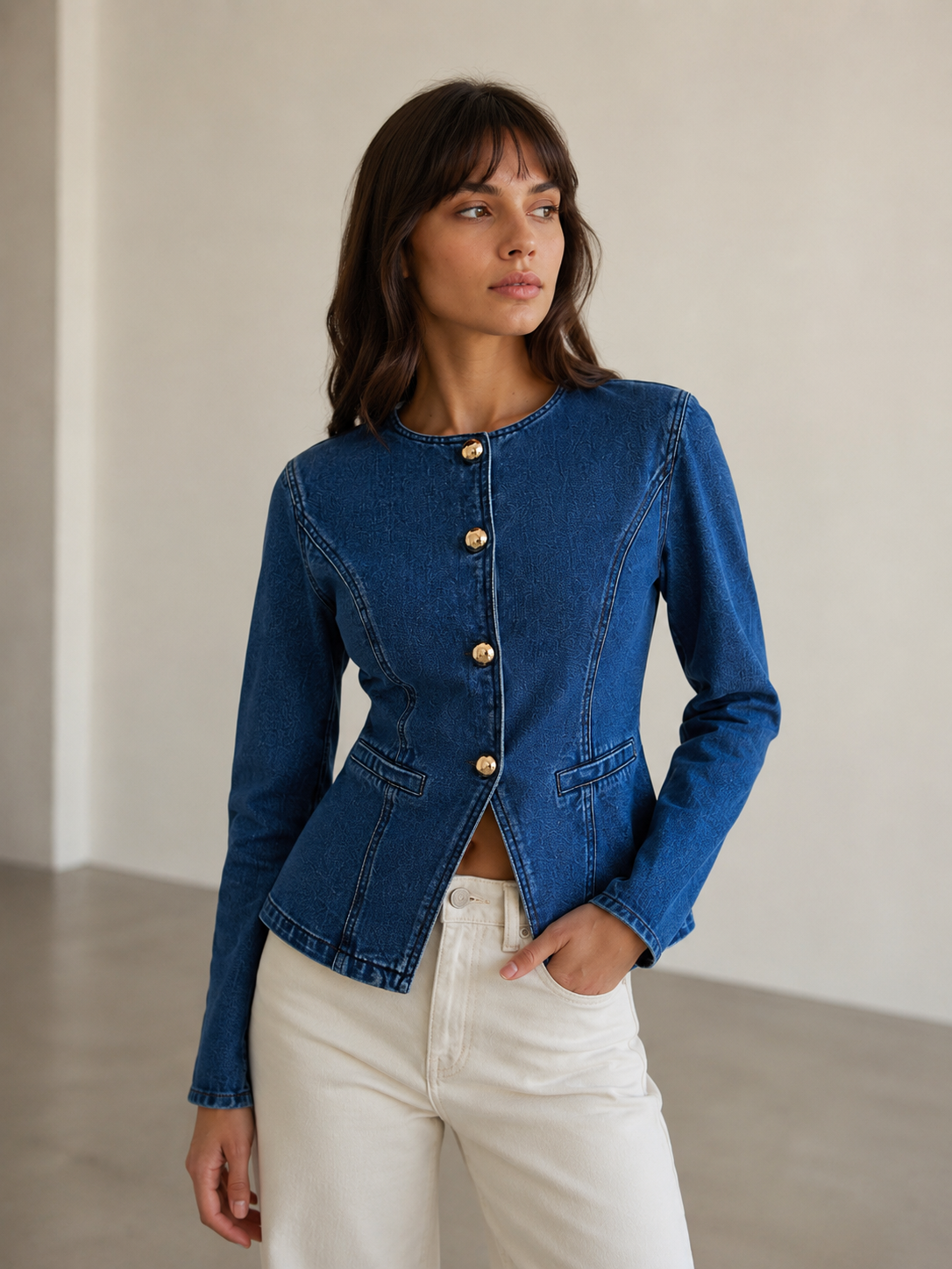 Women's slim fit denim jacket with front button closure and round neckline