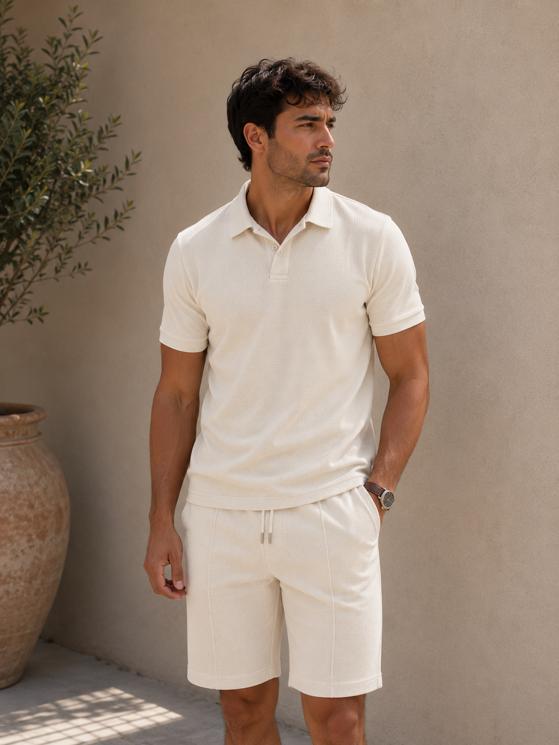 Men's textured polo shirt and shorts set in beige with open collar and coordinating elasticated shorts