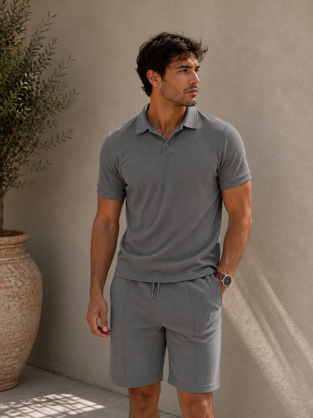Men's textured polo and shorts set in dark grey with hip-length top and short-length coordinating shorts