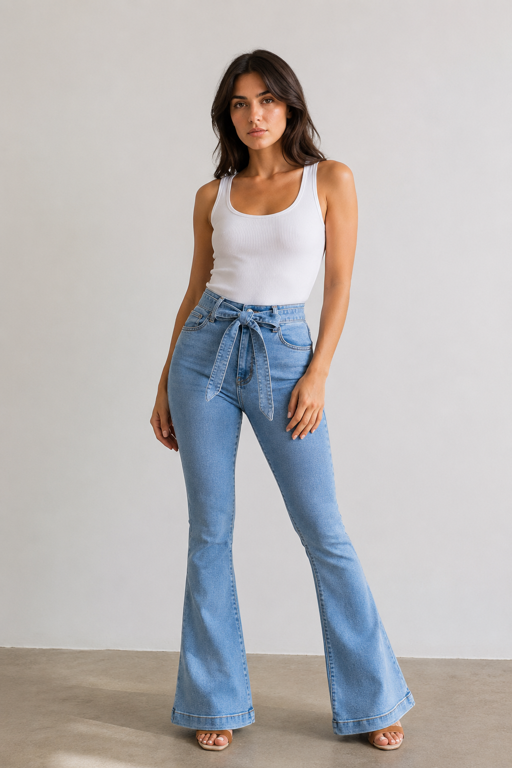 Women's high-waisted flared denim jeans with tie-waist belt and button closure