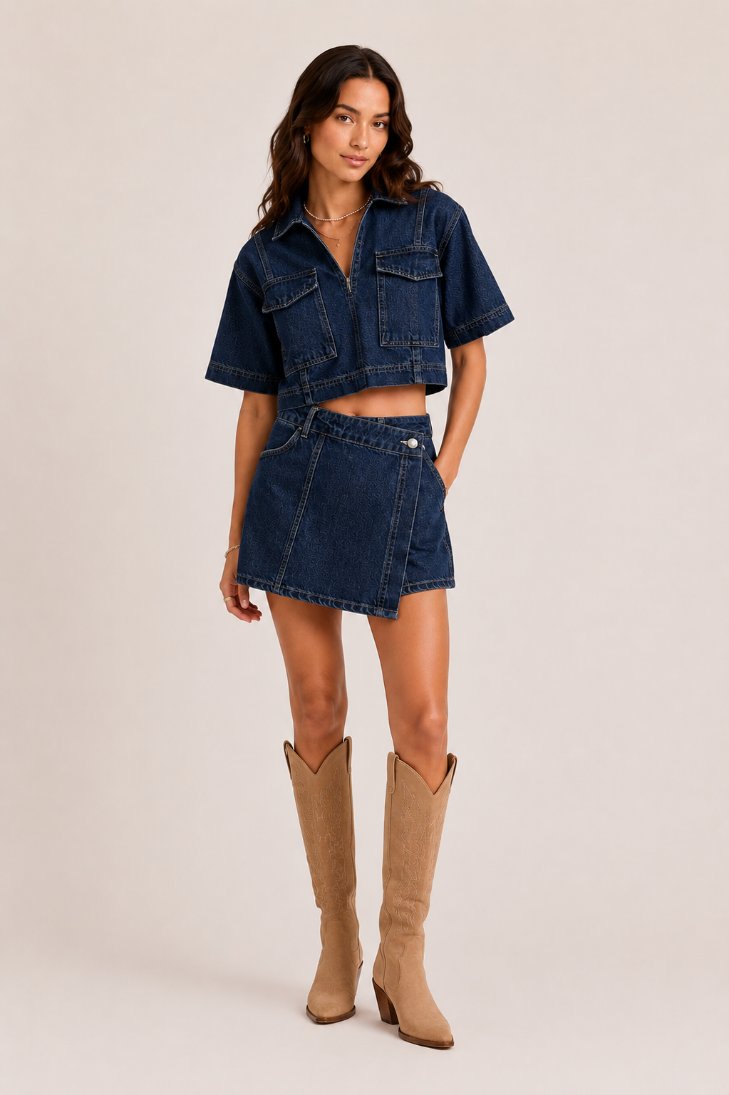 Denim Matching Set Crop-Top Women