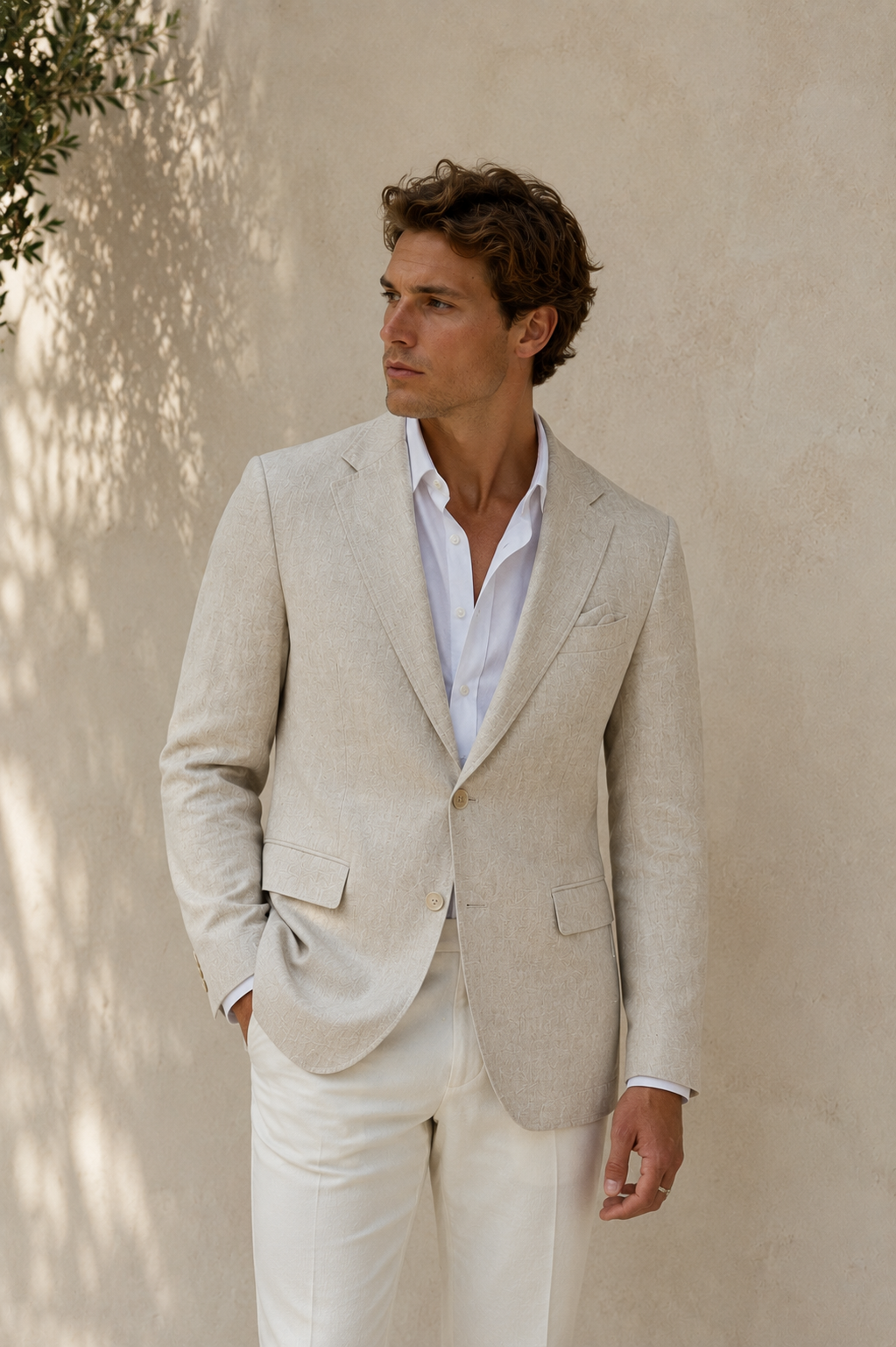 Men's tailored linen-blend blazer with lapel collar and front flap pockets