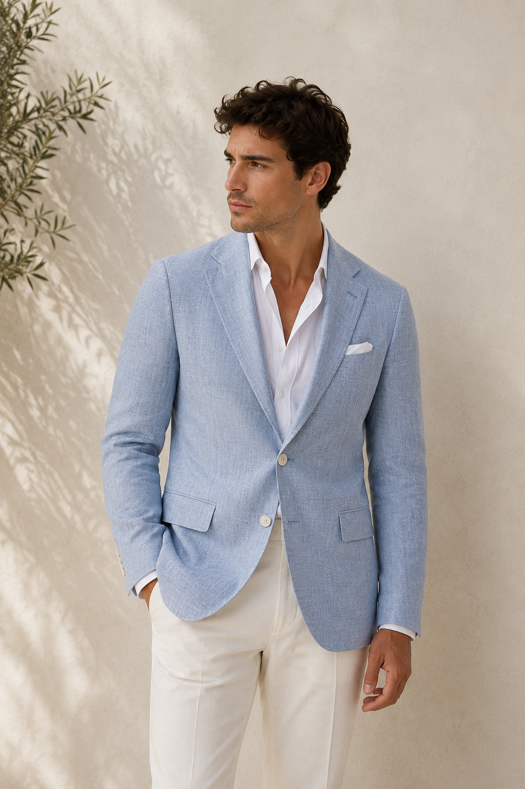Slim-fit men's linen-blend blazer with structured lapel and button closure