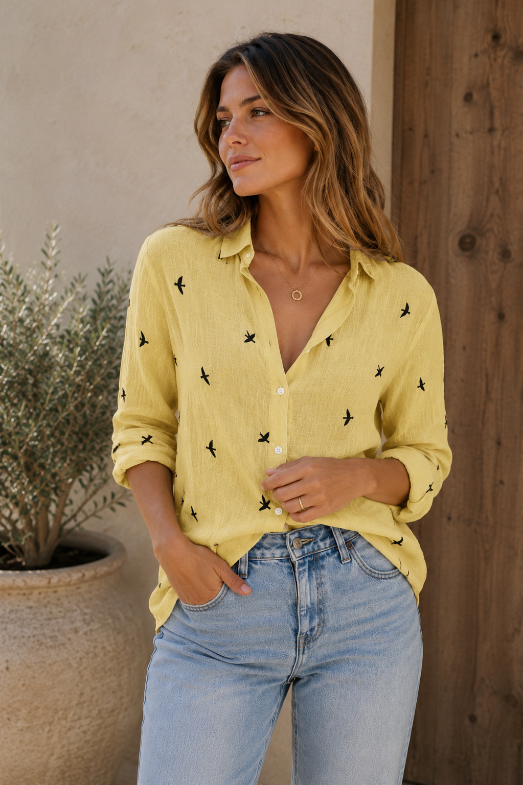 Women's long-sleeve linen-blend shirt with bird print and relaxed fit