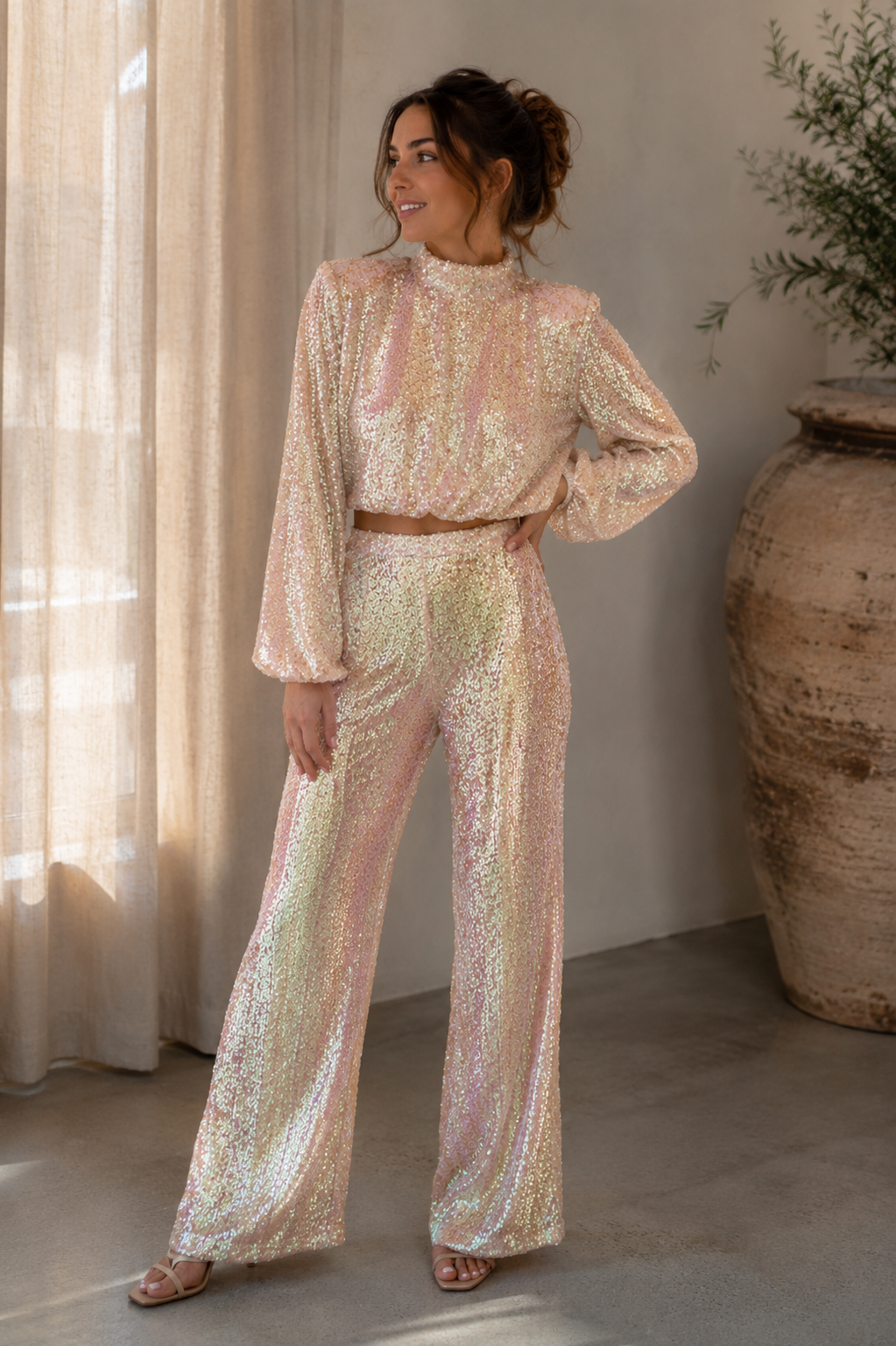 Women's two-piece sequin set with long-sleeve cropped top and high-waisted full-length pants