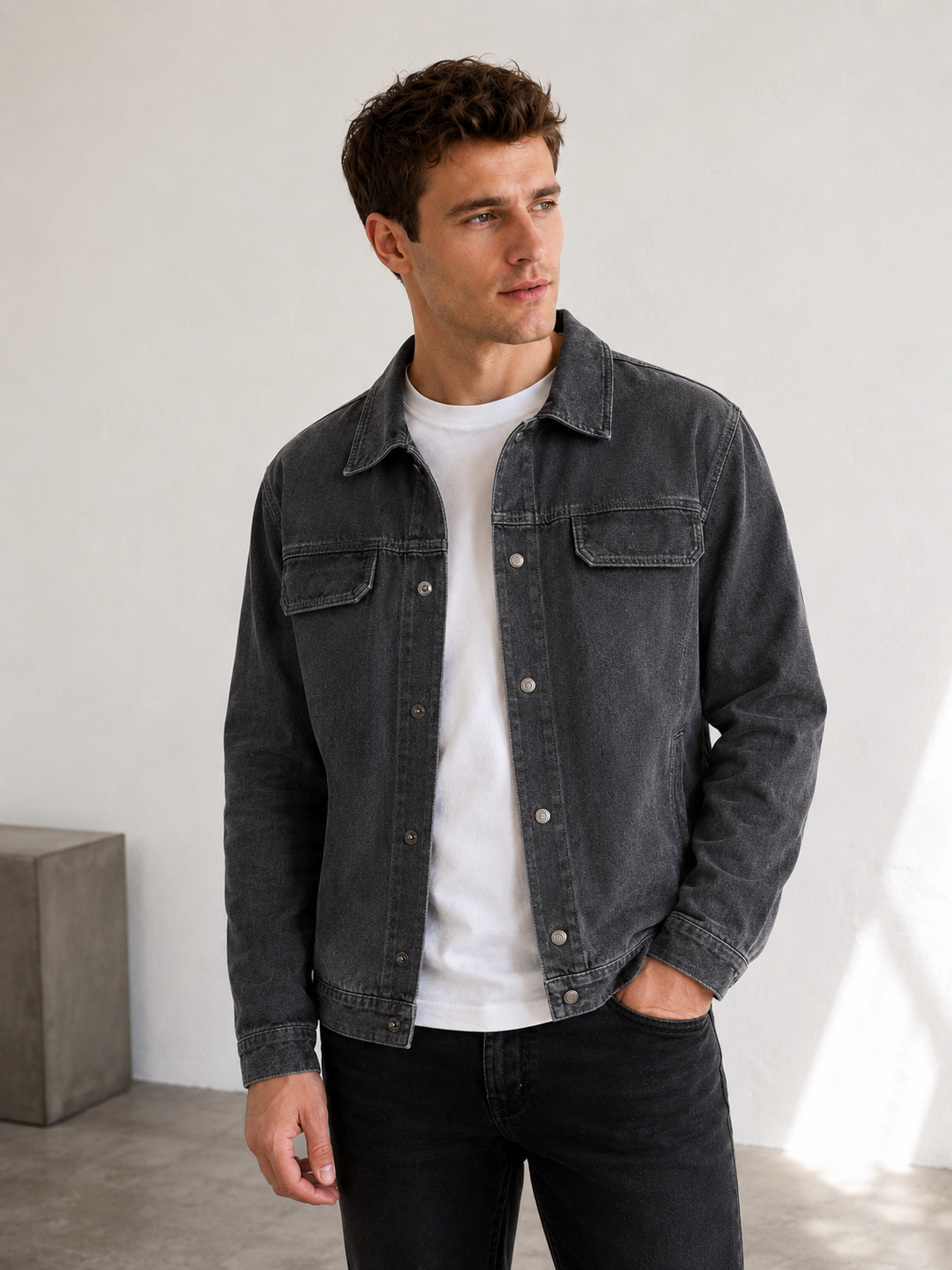 Men's utility jacket featuring double chest pockets and button closure