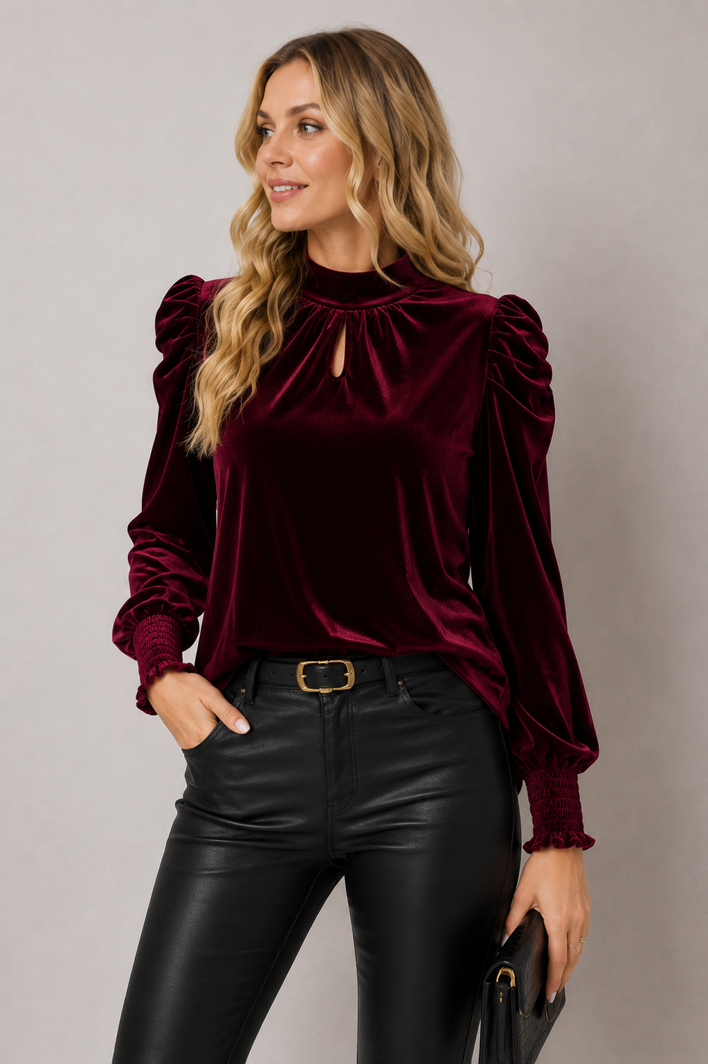 Women's polyester blend velvet blouse with structured high neckline