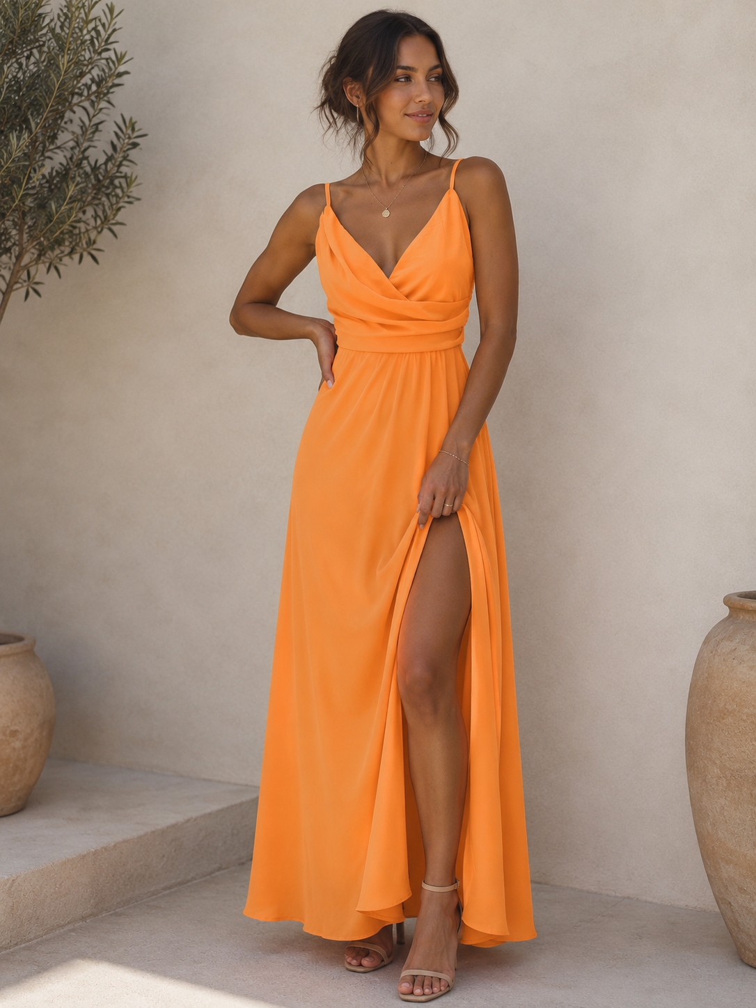 Cowl neckline detail on floral maxi dress