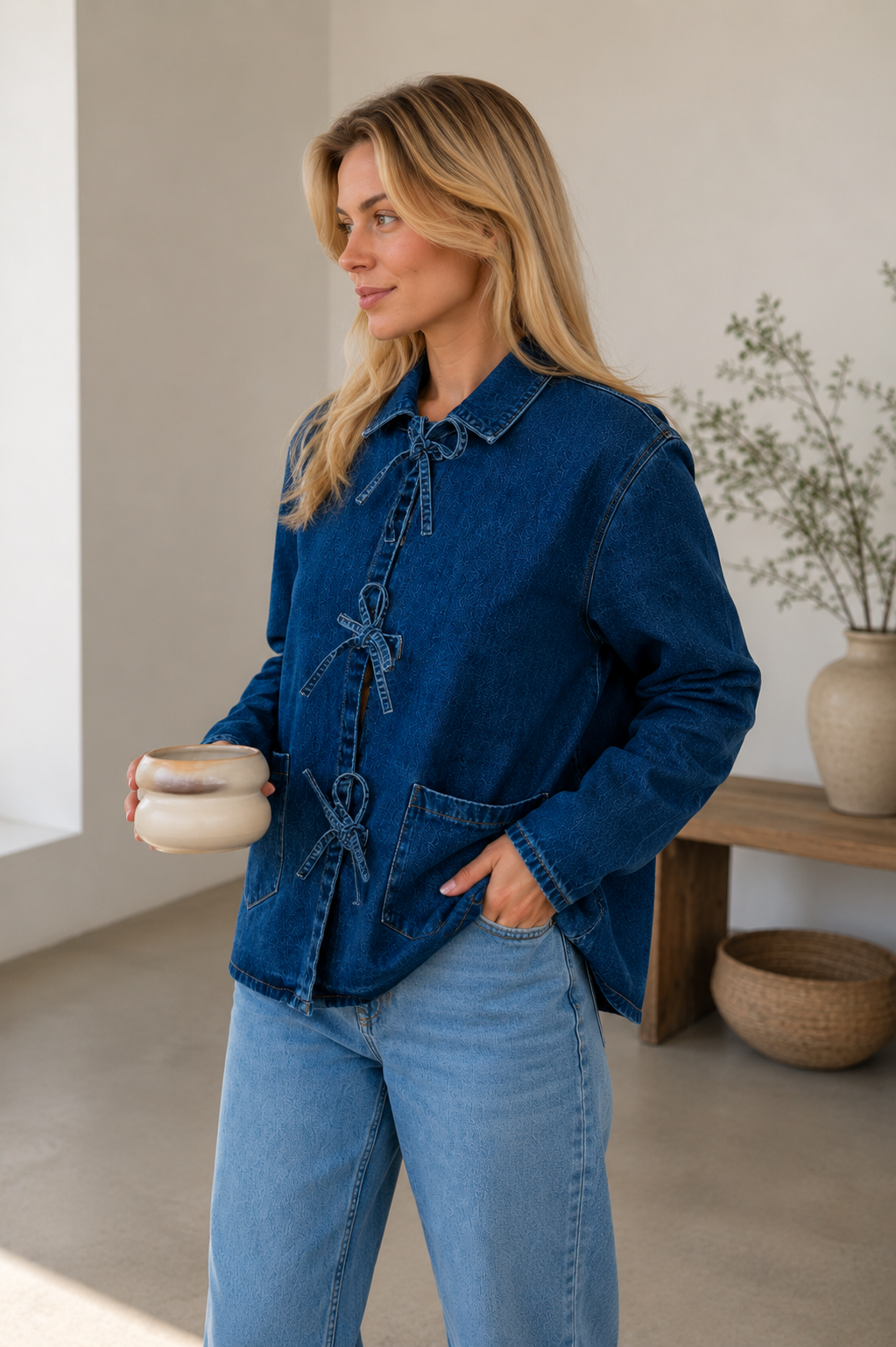 Hip-length denim jacket with long sleeves and relaxed fit for women