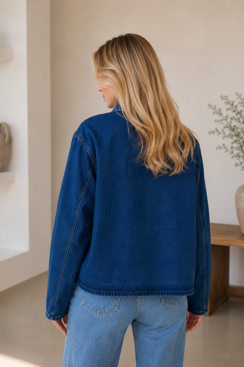 Women's hip-length denim jacket with patch pockets and washed finish