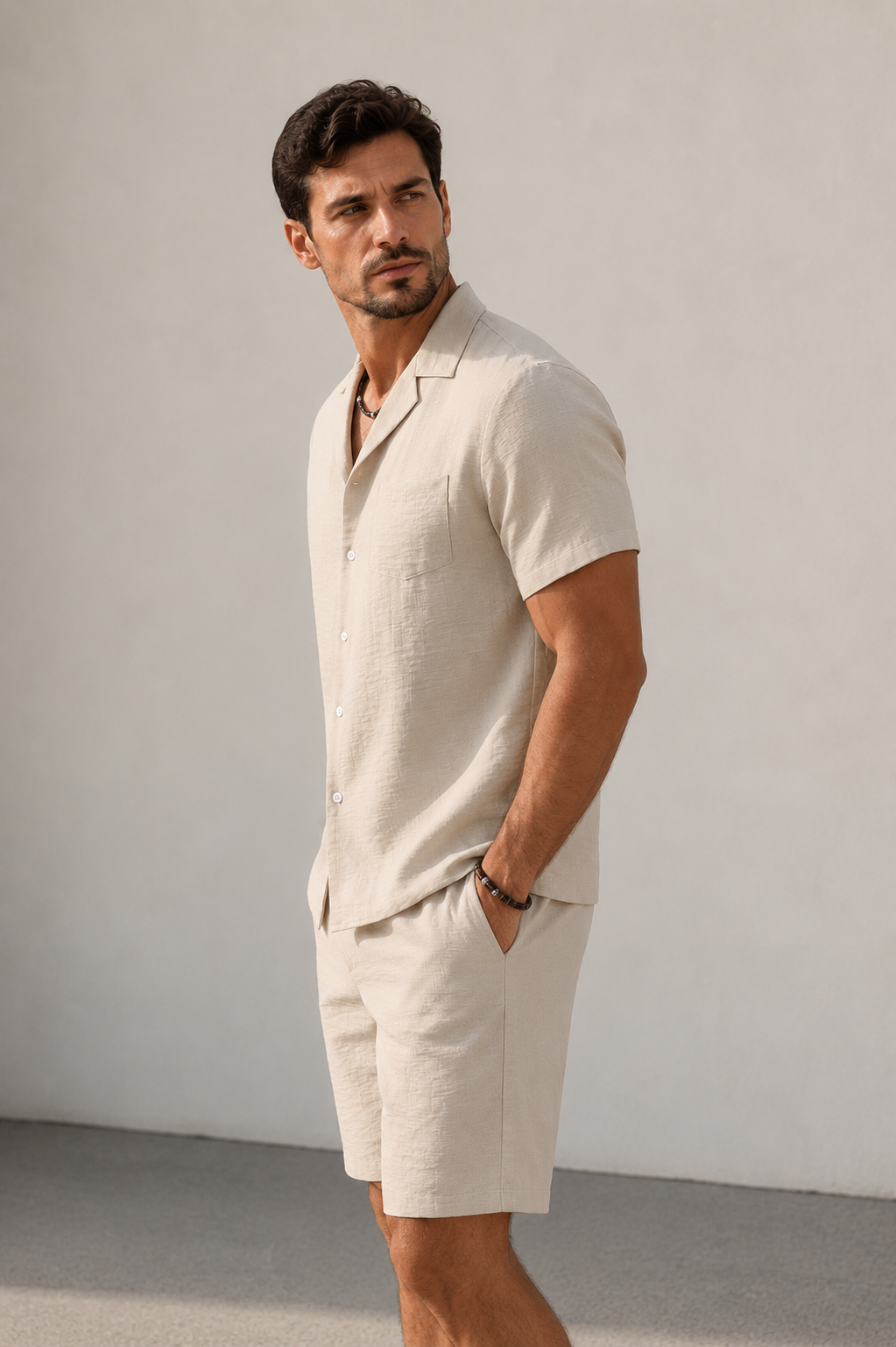 Men's relaxed fit matching shirt and shorts set in vertically ribbed lightweight fabric