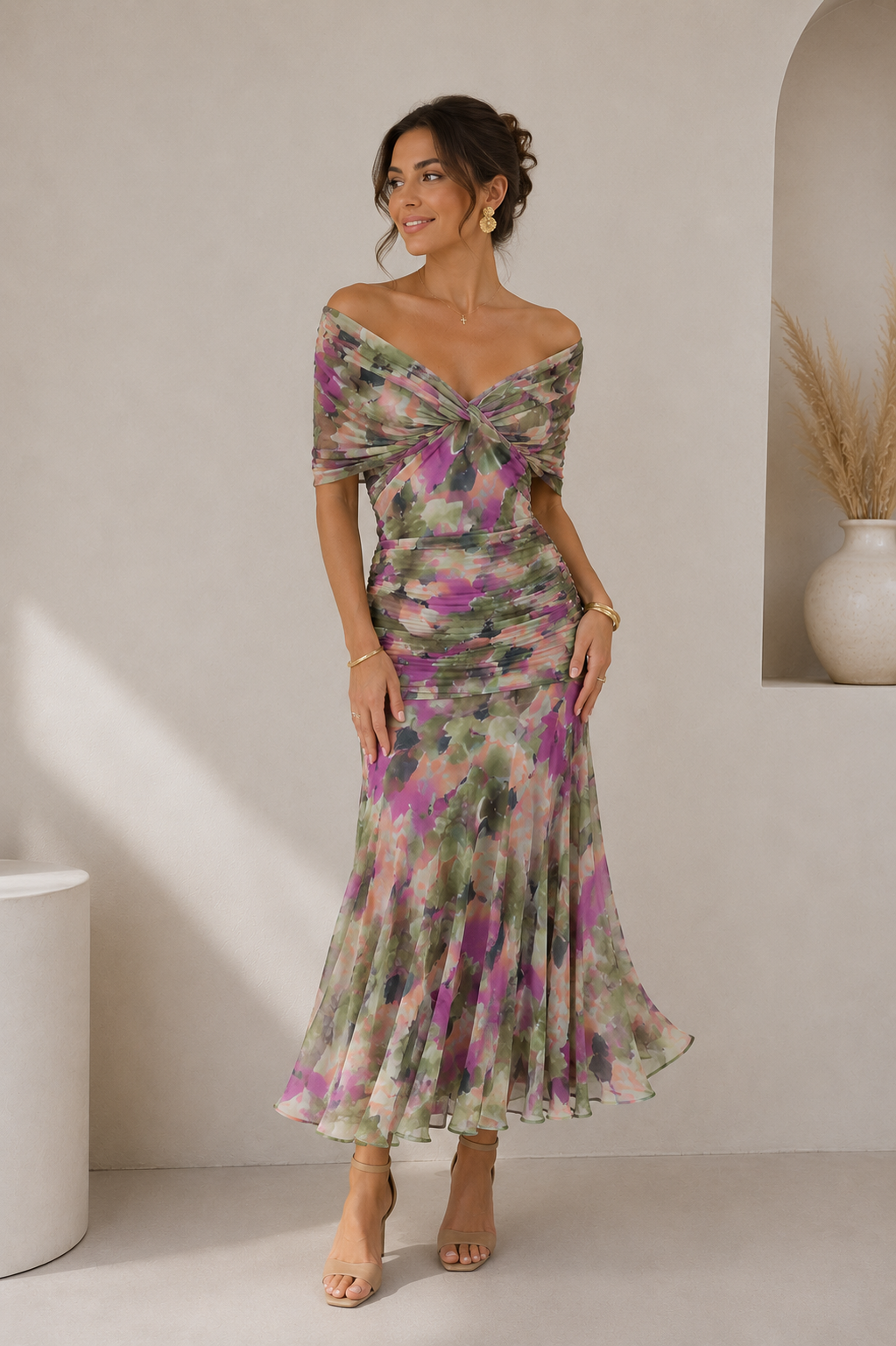 Women's off-shoulder maxi dress with short sleeves and soft draped construction