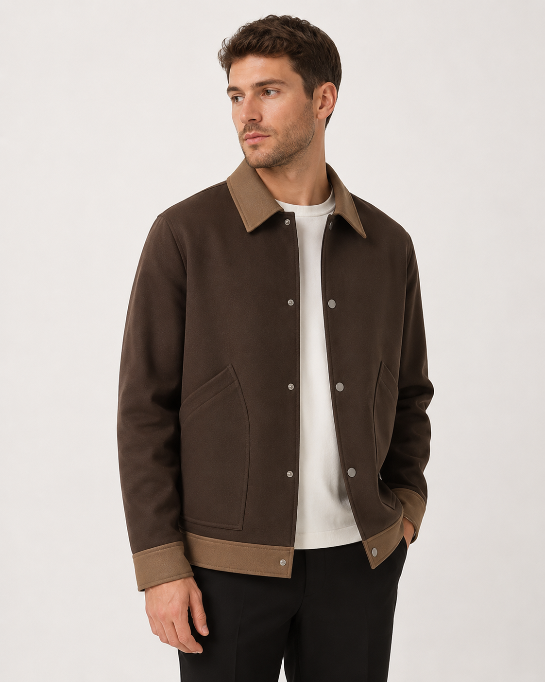 Men's polyester-blend jacket with snap-button front and classic collar