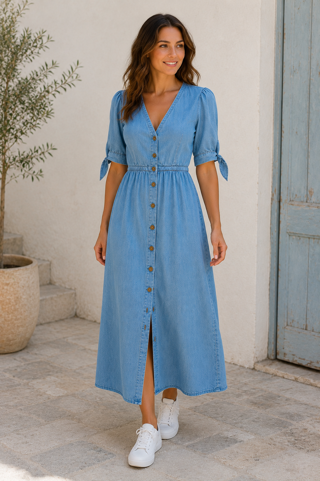 Women's midi denim dress with V-neck, front button closure, short sleeves with tie detail, and gathered waist