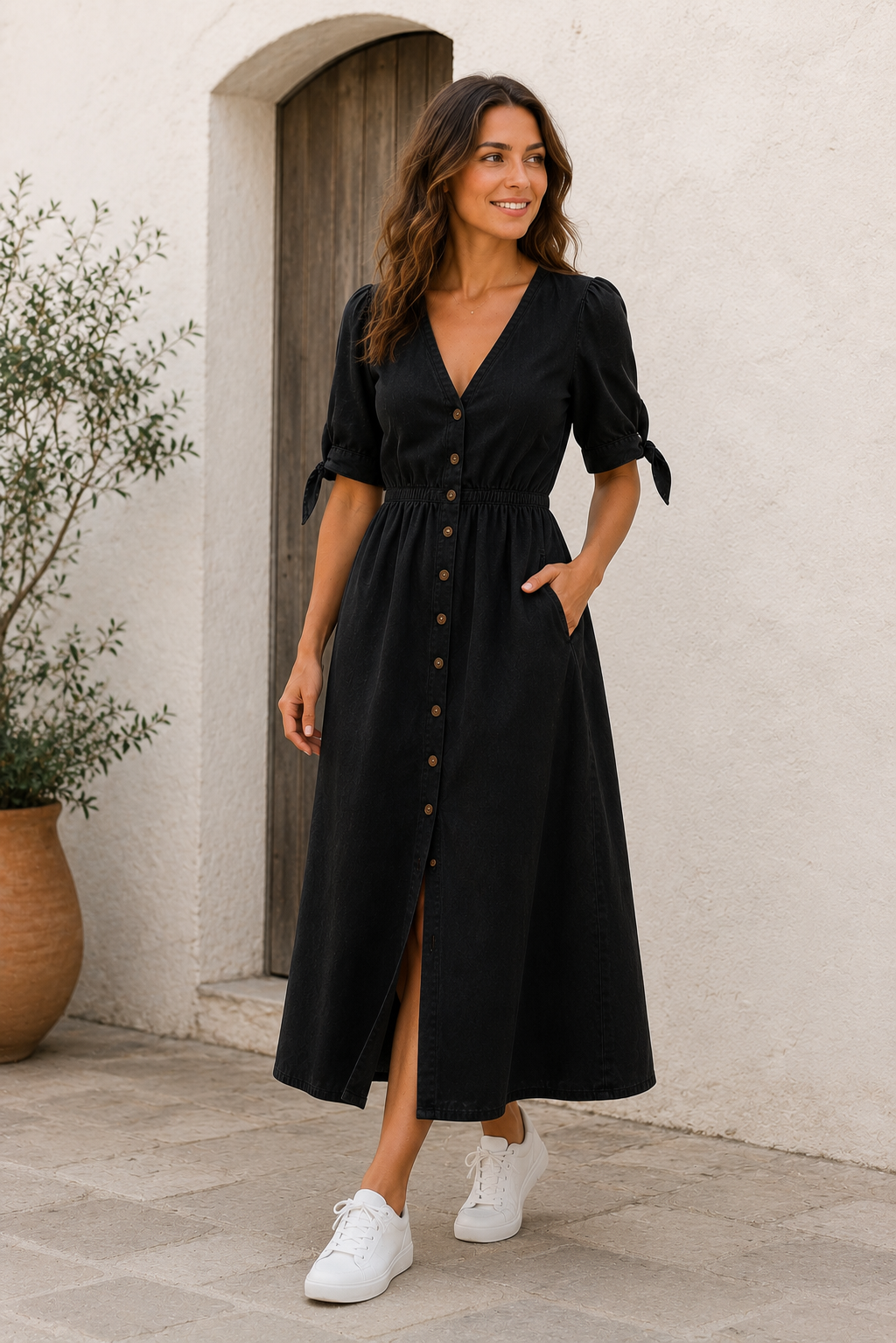 Women's structured denim dress with gathered waist, V-neckline, and midi-length skirt
