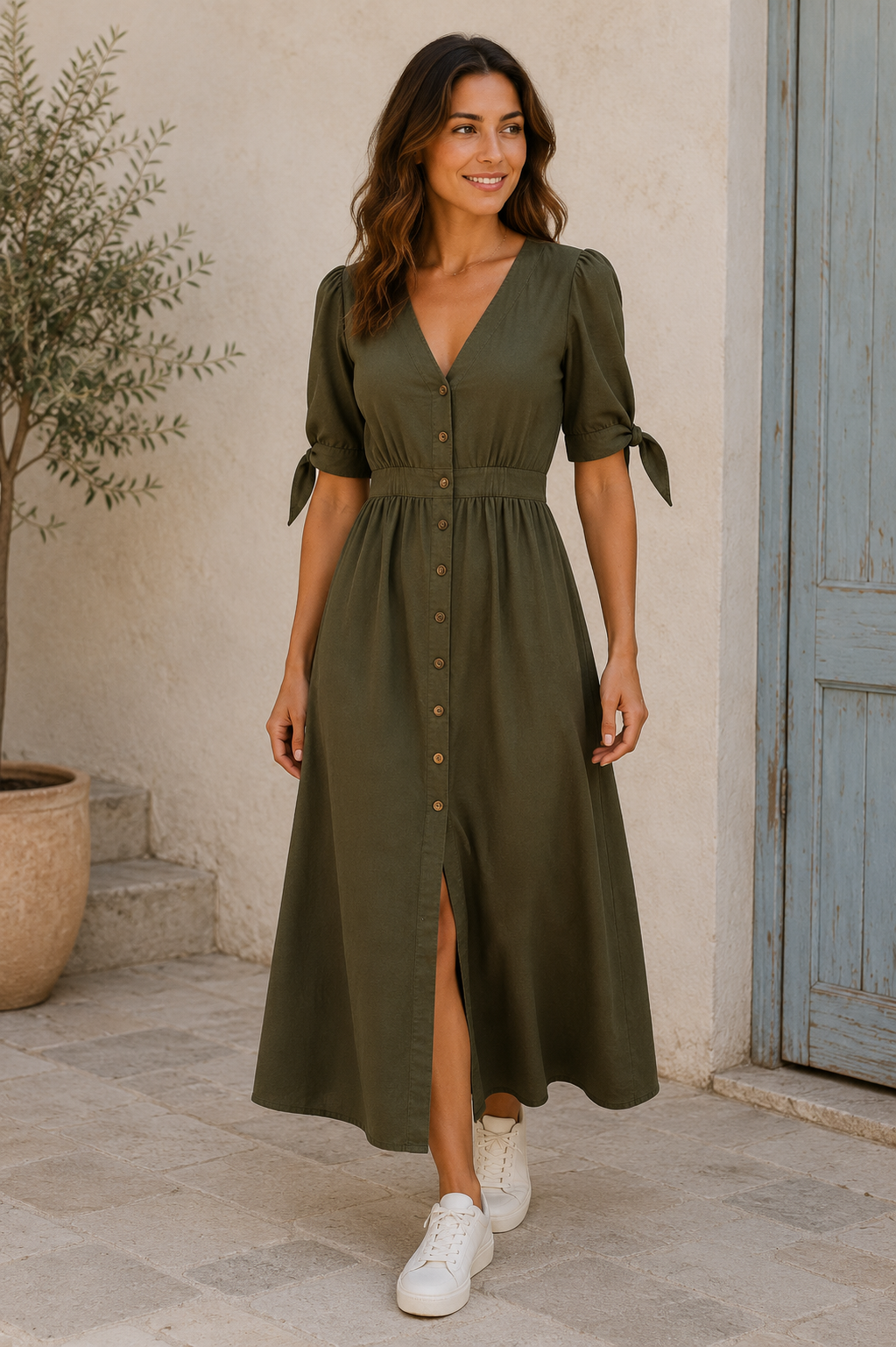 Women's regular-fit denim dress with sewn panel construction, gathered waist, and front slit detail