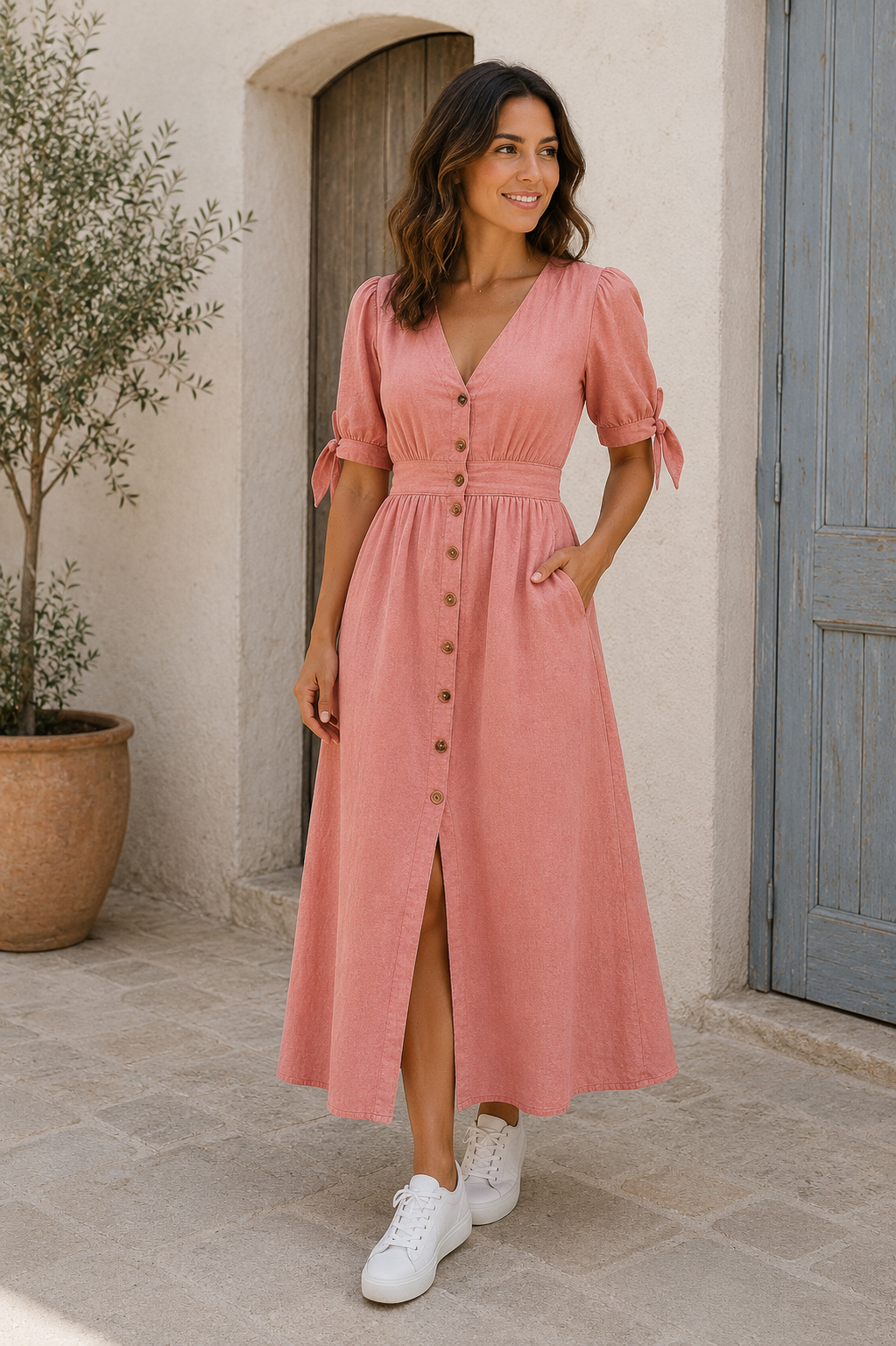 Denim midi dress for women featuring front button closure, short sleeves with tie detail, and a wide skirt silhouette