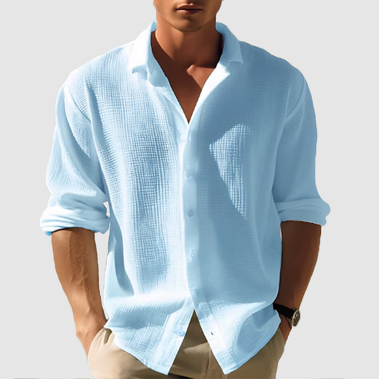 Chemise en tissu texturé à boutons, manches longues, col souple, coupe droite homme