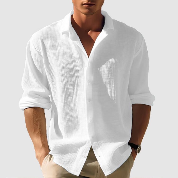 Chemise boutonnée homme tissu léger texturé, manches longues, coupe décontractée