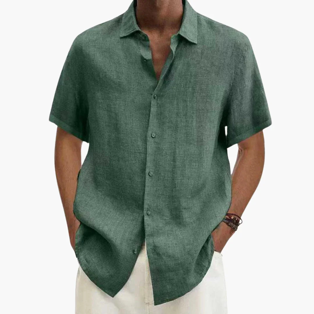 Chemise en tissu effet lin, coupe ample, manches courtes, col souple, pour homme