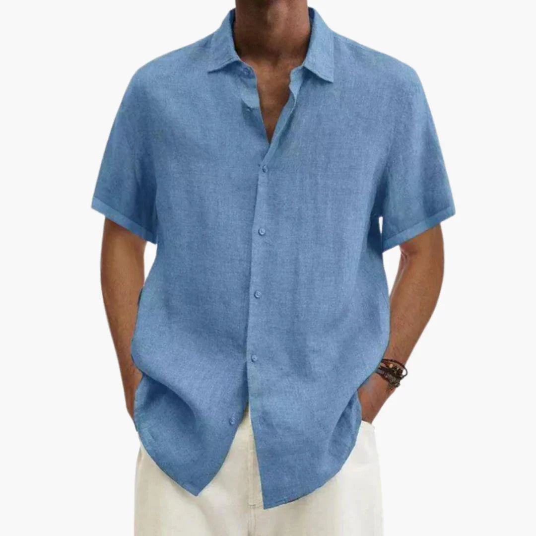 Chemise à manches courtes en lin, fermeture boutonnée, coupe ample masculine