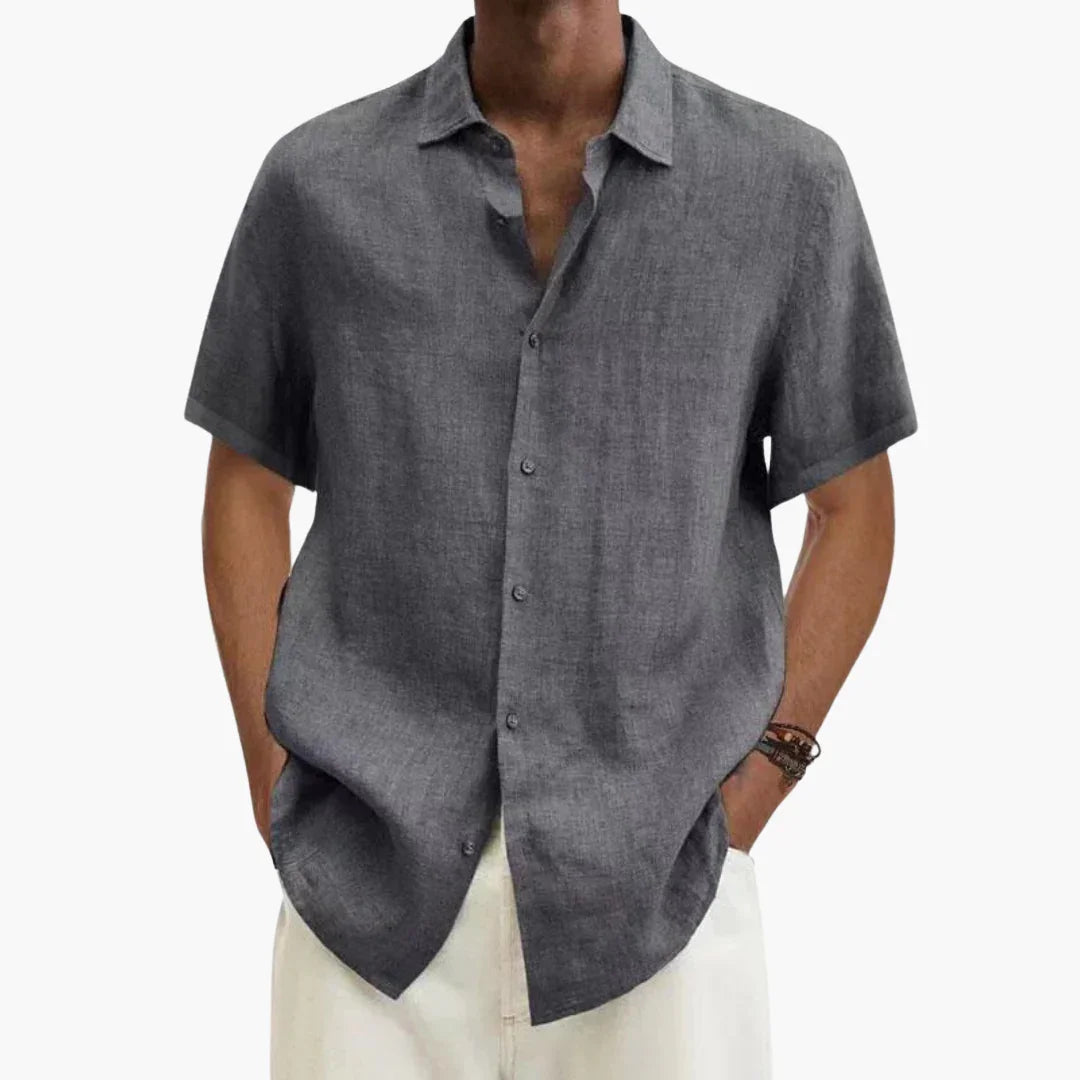 Chemise effet lin à col souple, manches courtes, coupe décontractée pour homme