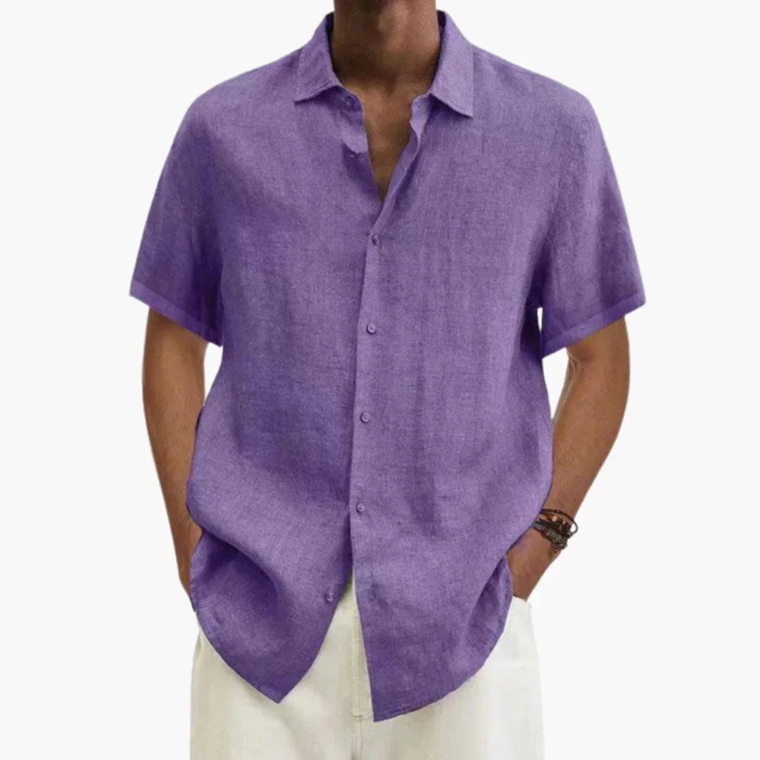 Chemise en tissu effet lin, col souple, coupe ample, manches courtes homme