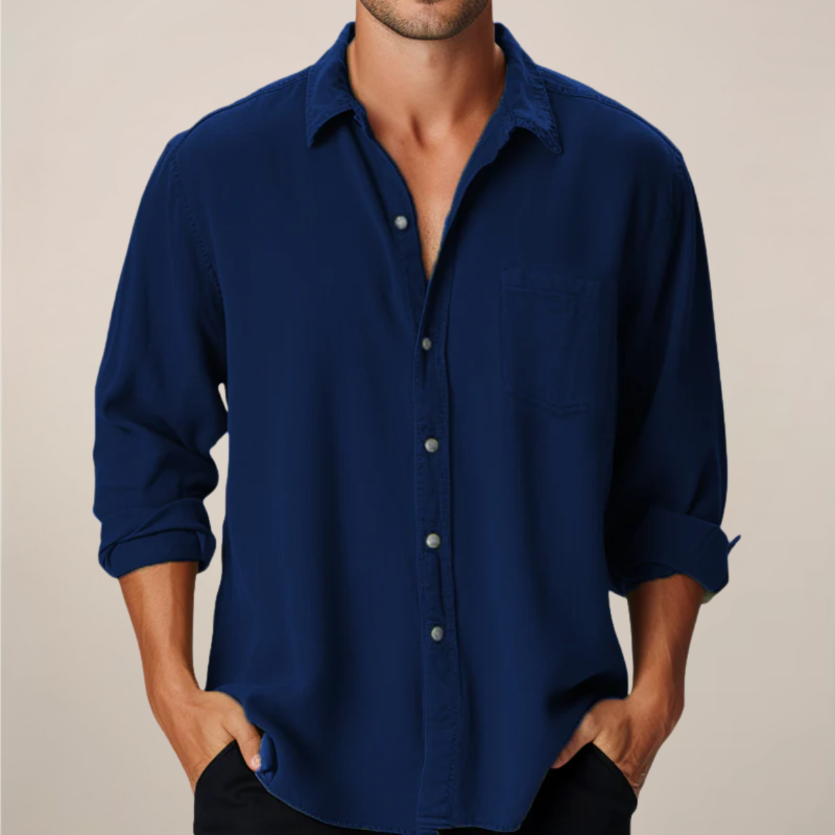 Chemise tissée à manches longues boutonnée, coupe droite, col structuré, pour homme