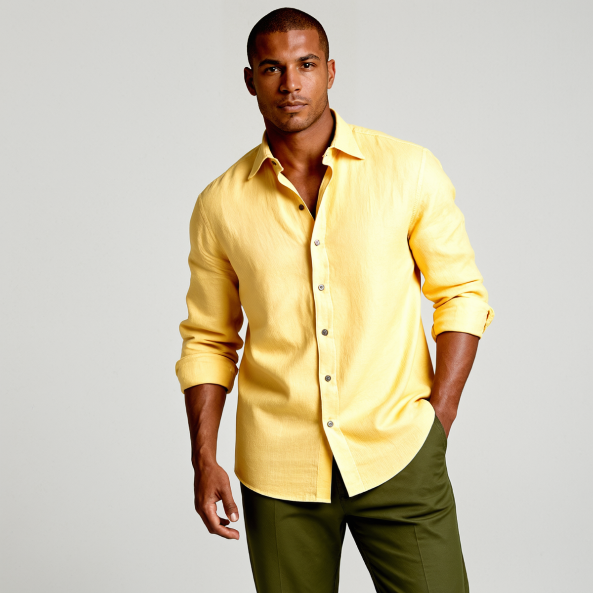 Chemise en lin à manches longues, détail poignet et bouton, homme