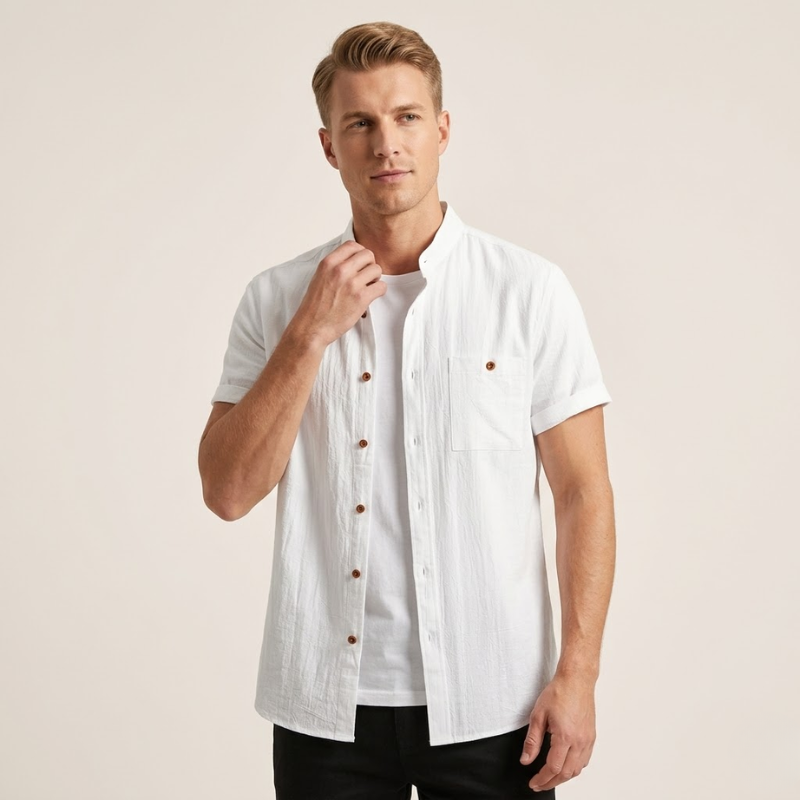 Chemise en lin à manches courtes avec col officier pour homme