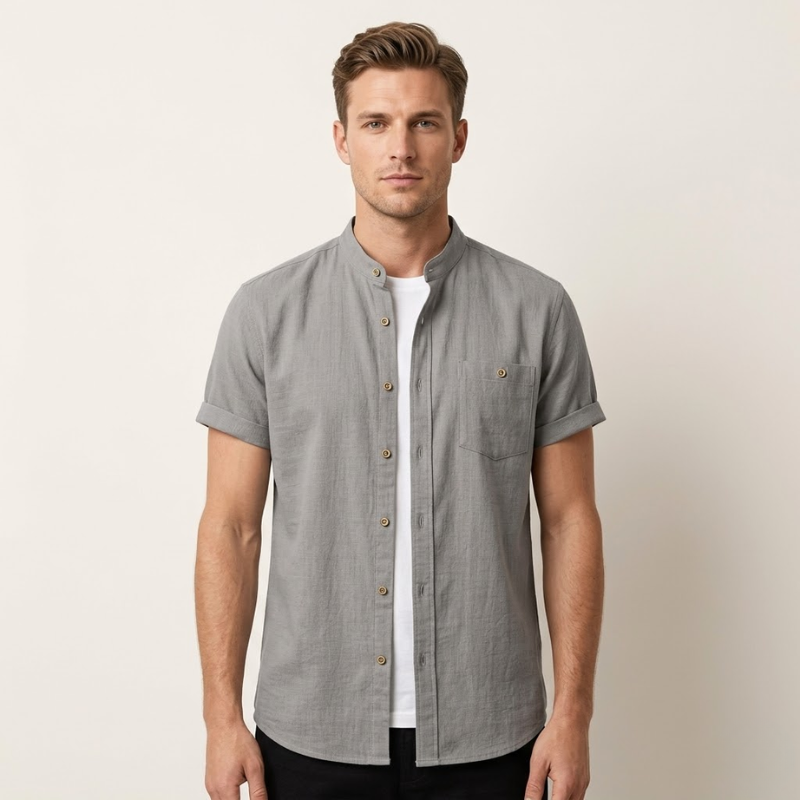 Chemise en lin à manches courtes, col officier, coupe structurée