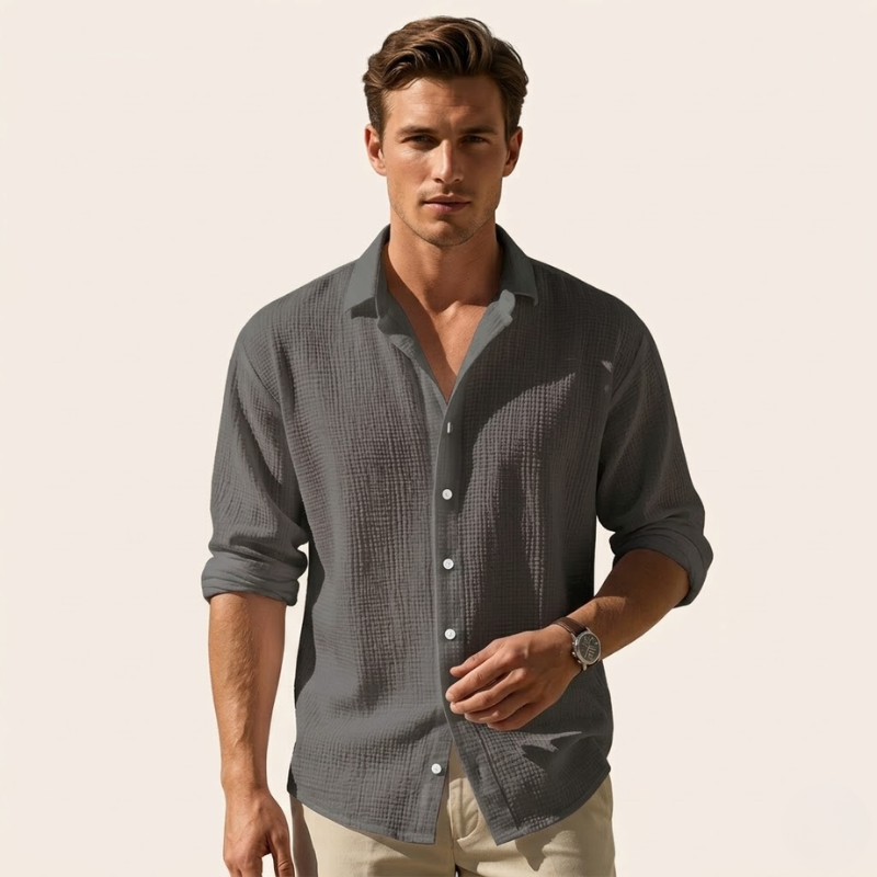Chemise en tissu tissé à manches longues, détail col et boutonnage, homme