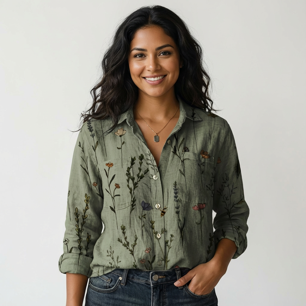Chemise fluide imprimée floral, col ouvert, boutonnage devant, manches longues, femme
