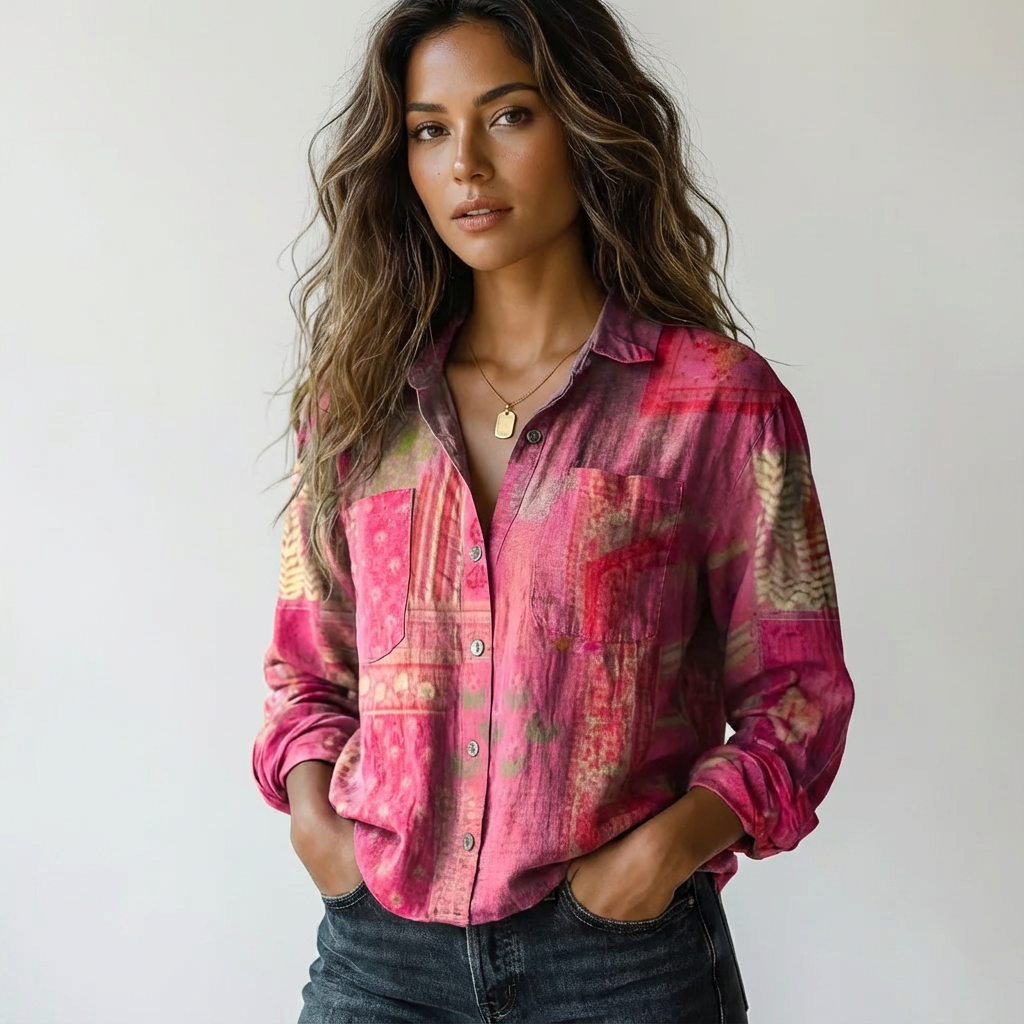 Chemise légère à motifs feuillage, fermeture boutonnée, silhouette ample, femme