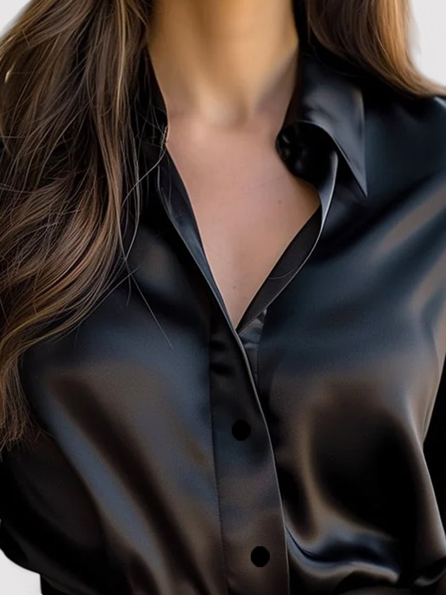 Haut en satin à manches longues, col ouvert boutonné, coupe droite pour femme