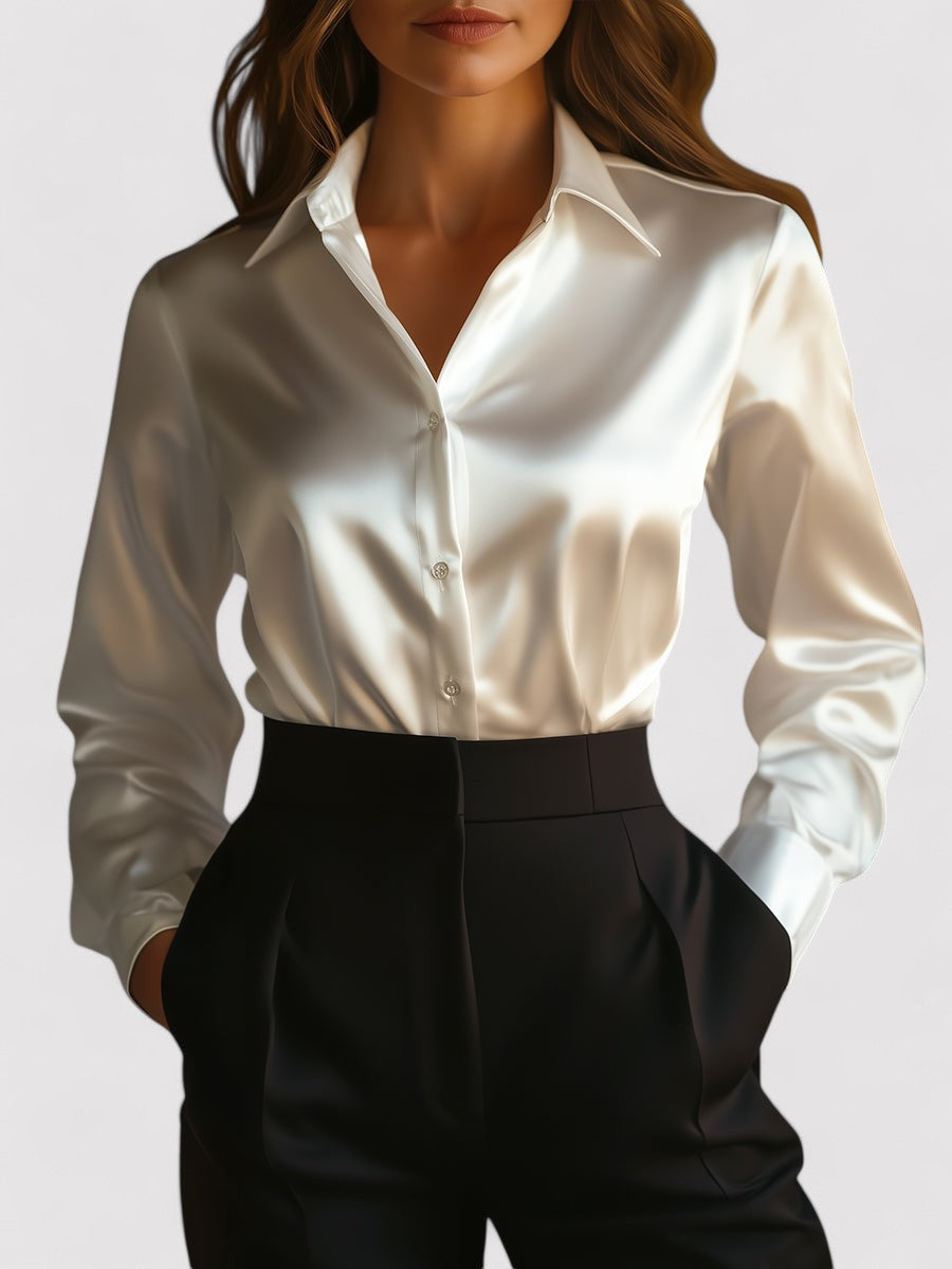 Haut satiné à manches longues, boutonnage central, coupe ajustée pour femme