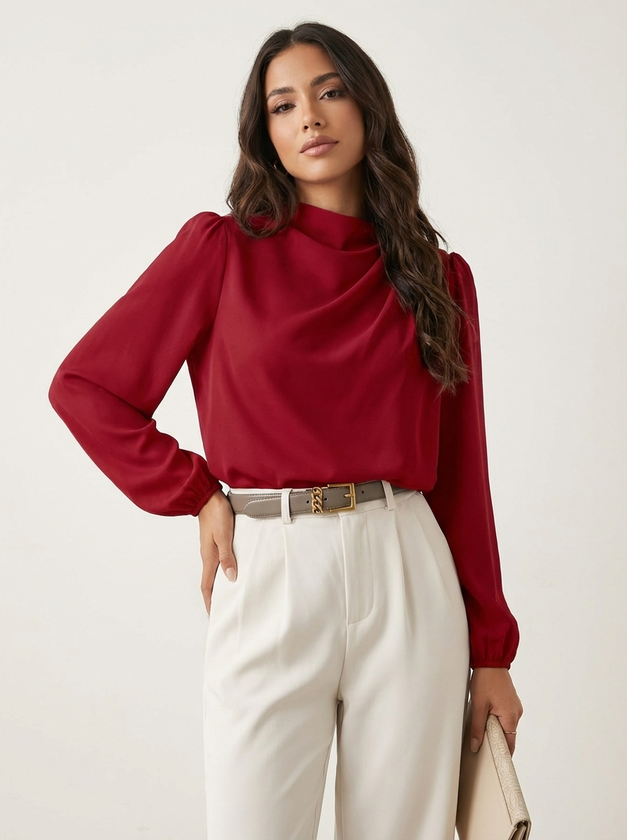 Blouse en tissu souple à encolure montante, manches longues, ourlet droit, coupe ample