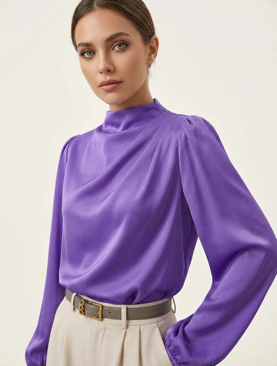Blouse légère à col drapé, manches longues à poignets resserrés, coupe droite pour femme