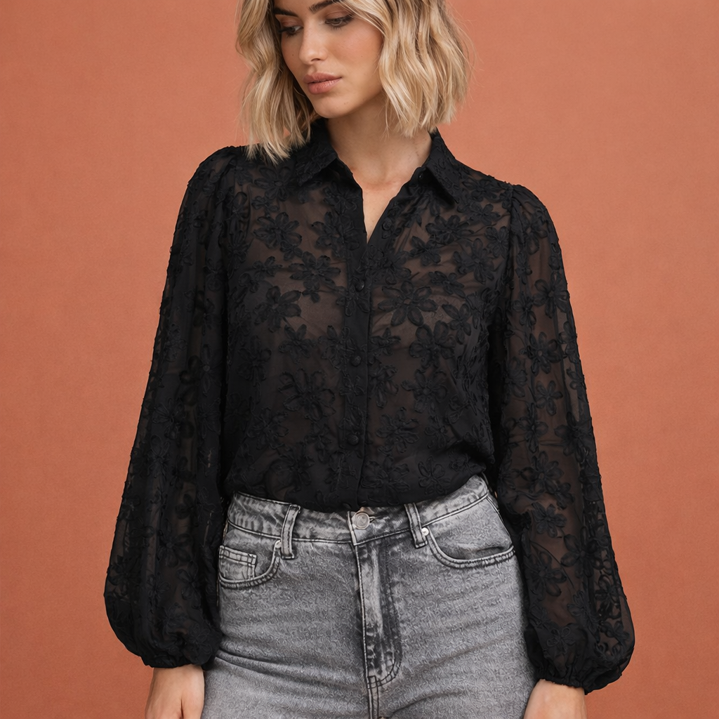 Chemisier en tissu transparent à broderies florales, coupe droite, pour femme