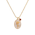 Collier fin à pendentif ovale avec motif floral et pierre translucide, fermoir mousqueton