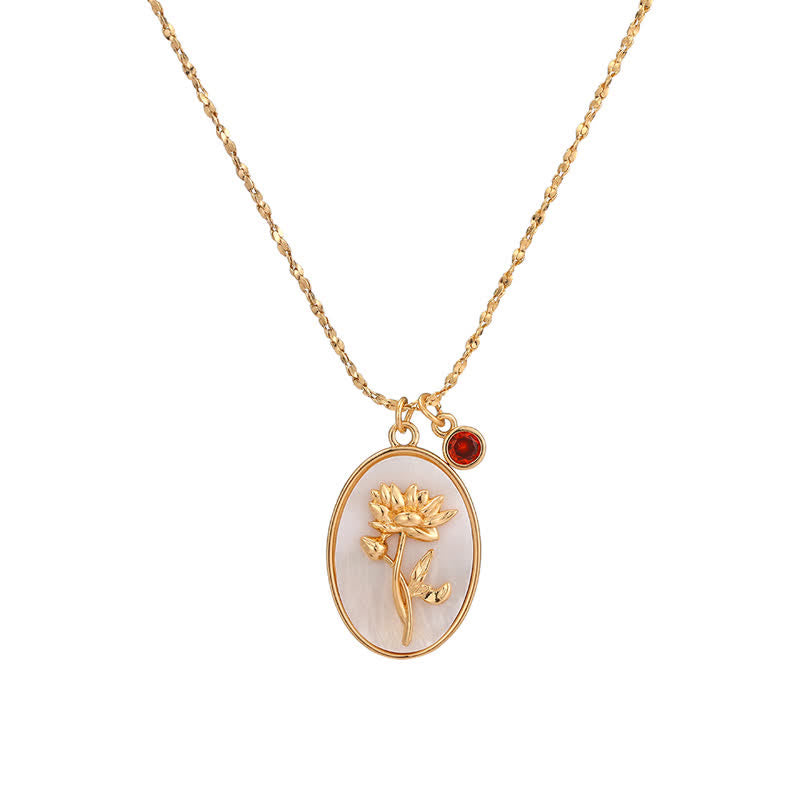 Collier fin à pendentif ovale avec motif floral et pierre translucide, fermoir mousqueton