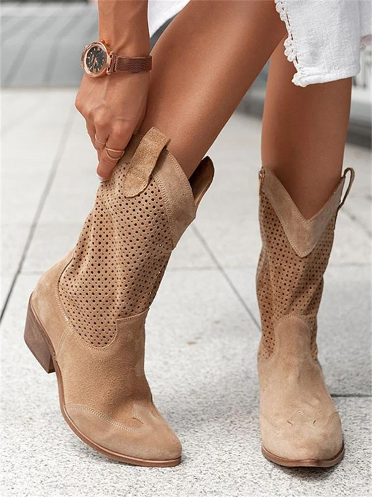 Women's structured ankle boots with perforated panels and low block heel, back view