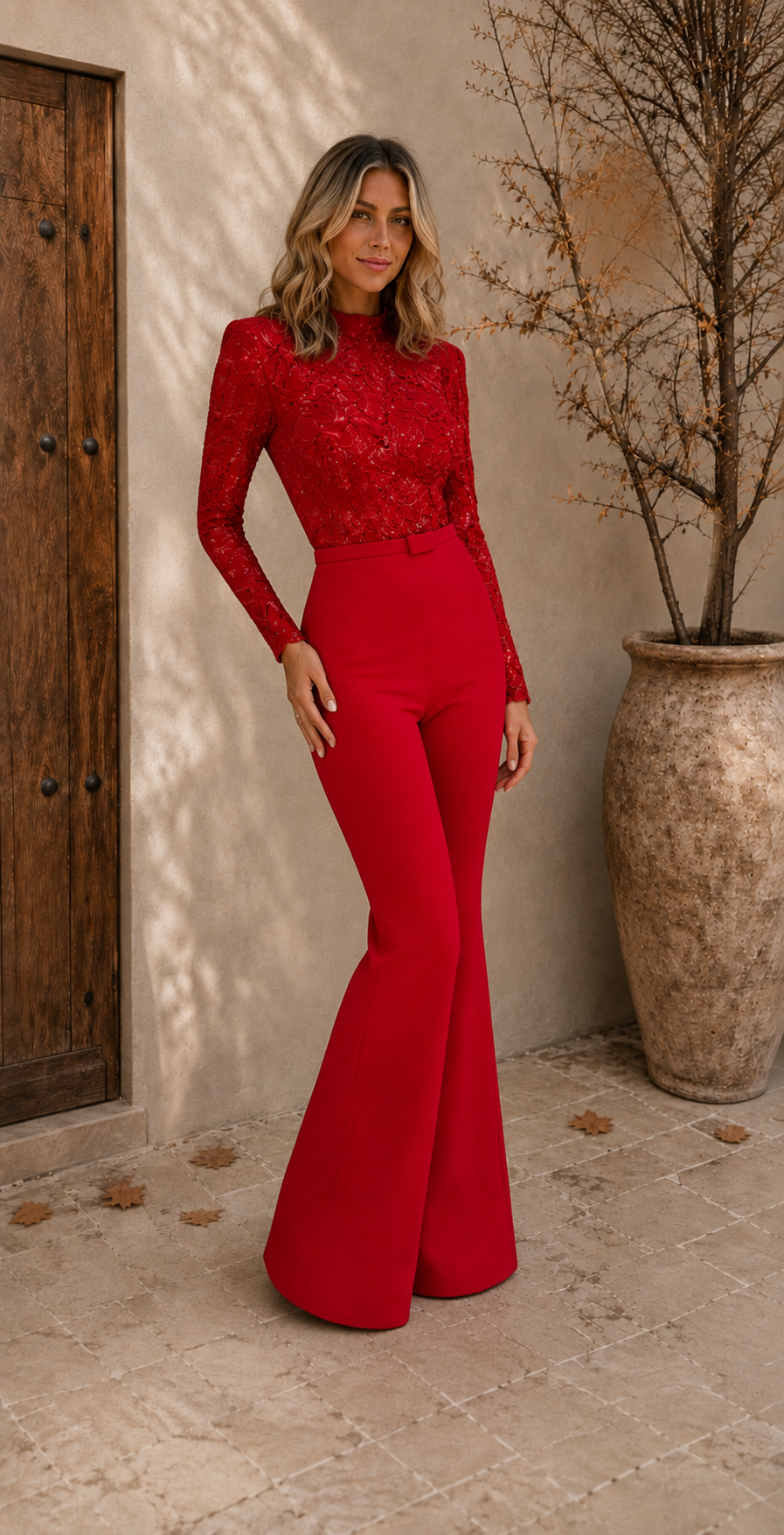Women's woven fabric two-piece set featuring lace overlay top and full-length wide-leg trousers, styled view