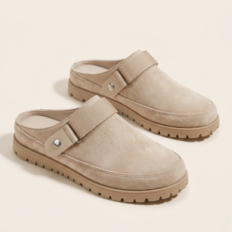 Men's suede slippers with adjustable strap and metal detail