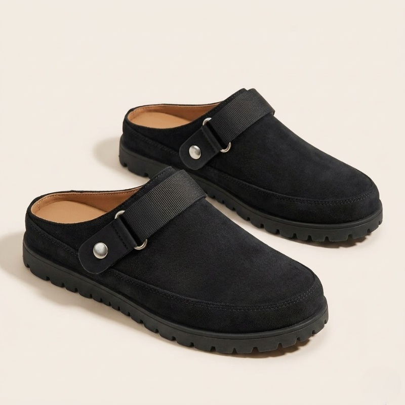 Men's suede slip-on slippers with wide strap and metal hardware detail