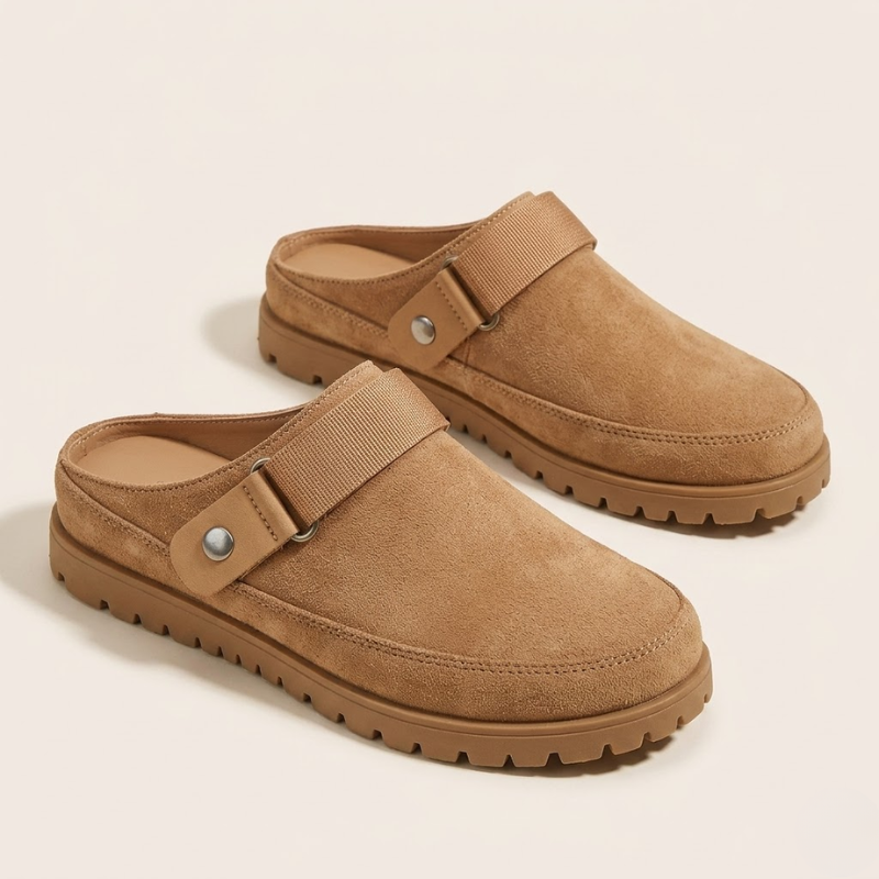 Suede men's slippers with structured upper and thick patterned sole