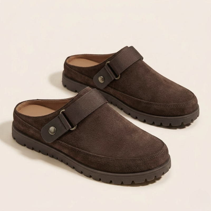 Men's suede slippers with adjustable strap closure and rubber outsole